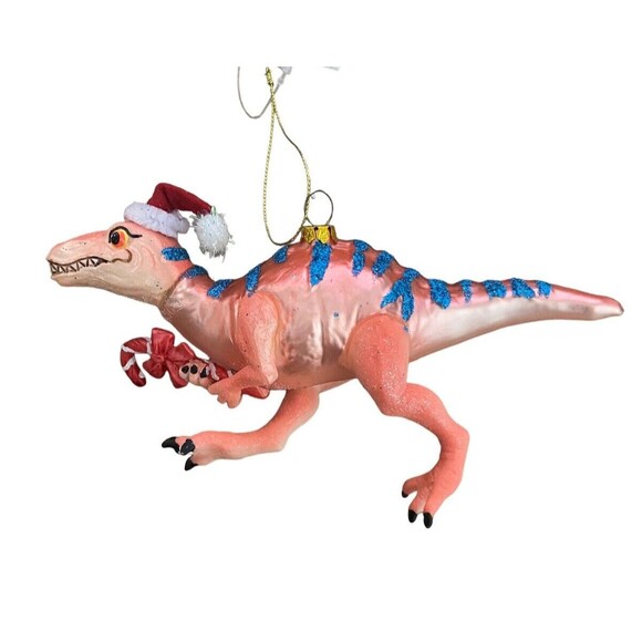 Noble Gems Santa Velociraptor Dinosaur  w Candy Cane Christmas Ornament 6 In - Picture 1 of 5